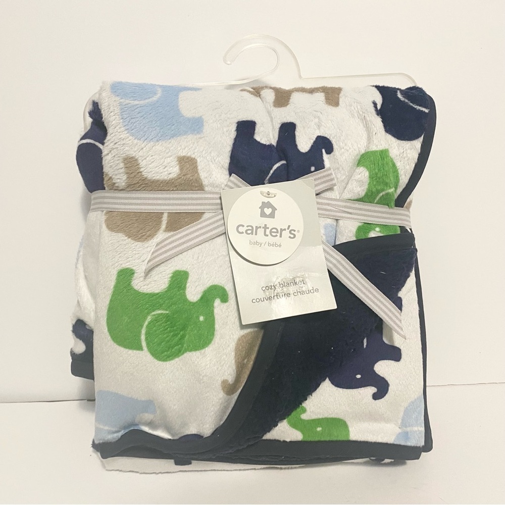 Carters Navy White Green Elephant Baby Blanket Infant Boys Sherpa Minky Lovey